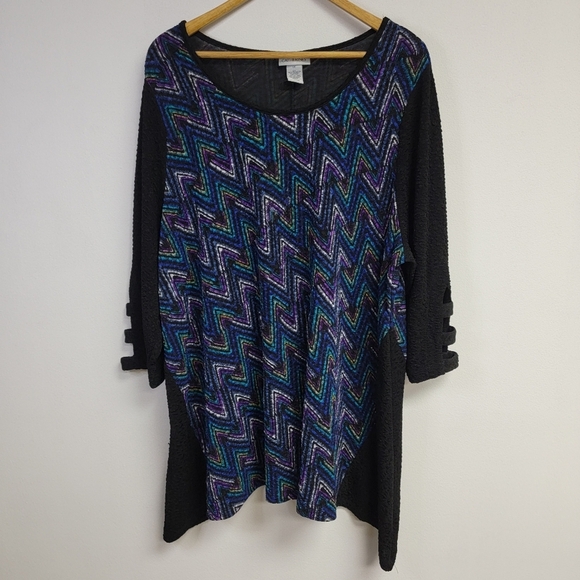 Catherines Womens Tunic Top Size 1X Multicolor Crinkle Geometric Sharkbite Hem - Picture 1 of 9